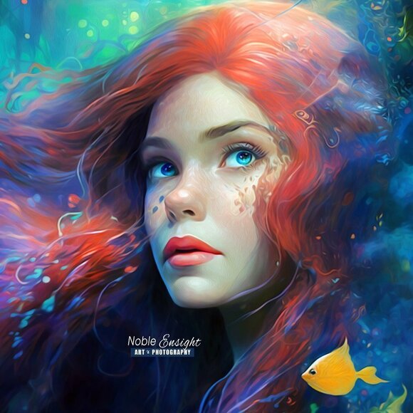8x8 Princess Ariel Portrait Wall Art Fantasy‎ Watercolor Oil Painting Print - Picture 3 of 8